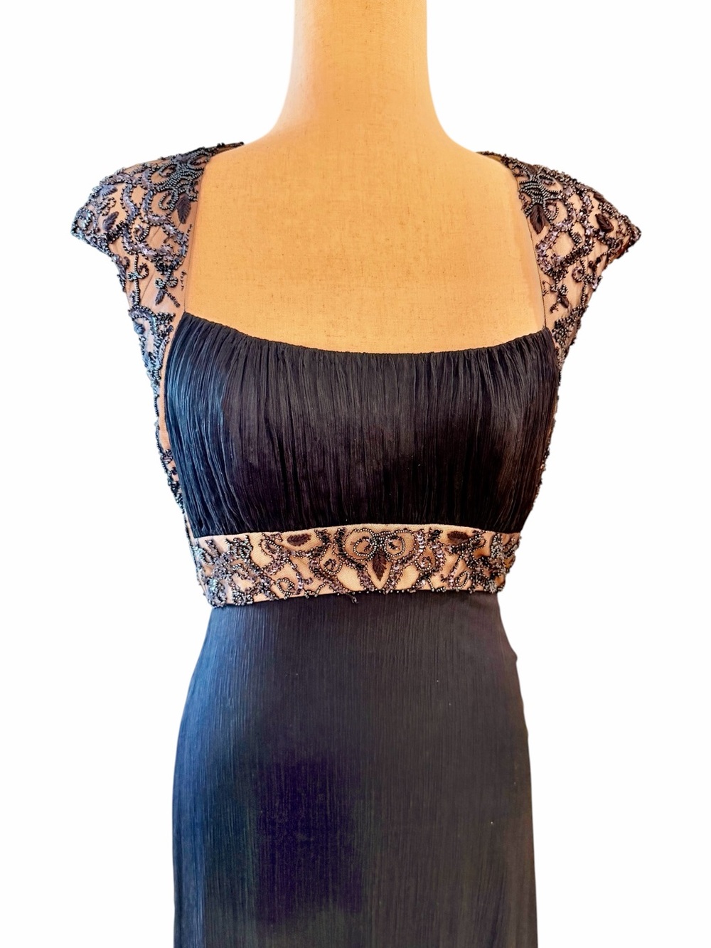 Vintage Tadashi Collection Silk Indigo Blue Hand Beaded Embroidered Evening Gown